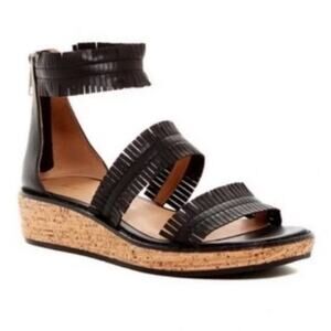 Bettye Muller Marquee Fringe Platform Sandals Black Leather Open Toe Size 8.5
